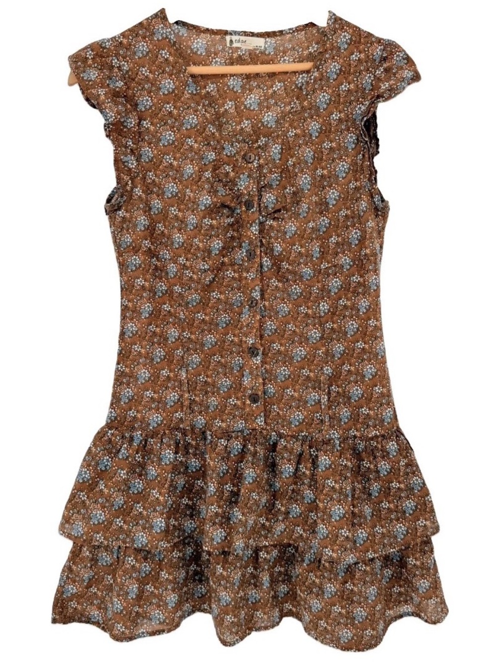 Cottagecore Chocolate Brown Cotton Ditsy Floral Mini Dress Boho Prairie Peasant